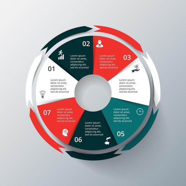 Plantilla de diseño de infografía vectorial Concepto de negocio con 7 opciones partes pasos o procesos