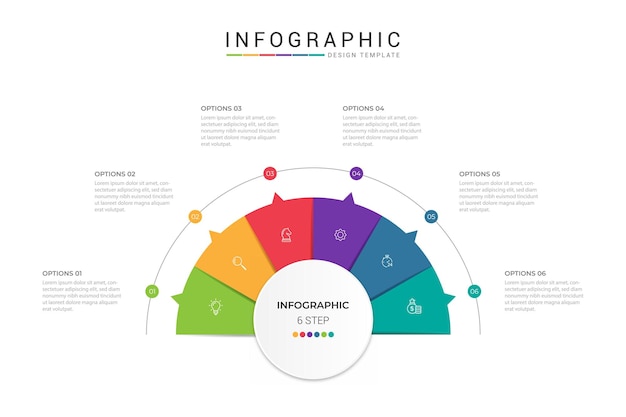 plantilla de diseño de infografía de visualización de negocios de medio círculo con 6 opciones, pasos o procesos
