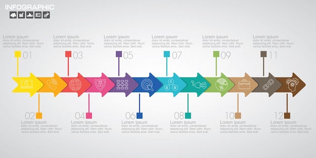 Plantilla de diseño de infografías de línea de tiempo con 12 opciones diagrama de proceso vector eps10 ilustración
