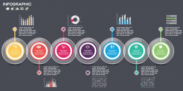 Plantilla de diseño de infografías de línea de tiempo con 7 opciones, diagrama de proceso, ilustración vectorial eps10