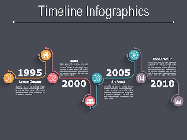 Vector plantilla de diseño de infografías de línea de tiempo con números, iconos, fechas y lugar para su ilustración de vector de texto eps10