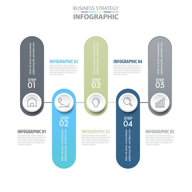 Plantilla de diseño de infografías de negocios moderno y limpio de 5 pasos