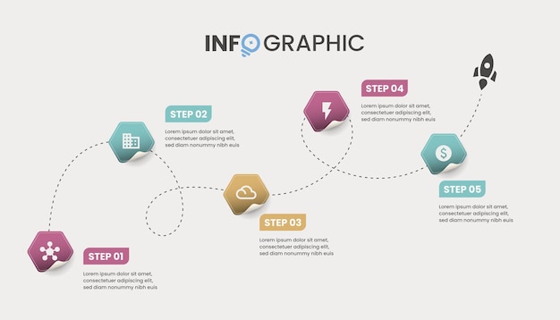 Plantilla de diseño infográfico con 5 pasos en concepto de línea de tiempo