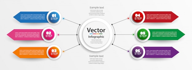 Plantilla de diseño infográfico con 6 opciones, partes, pasos o procesos.