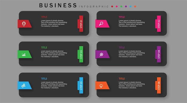 Plantilla de diseño infográfico con 6 pasos.