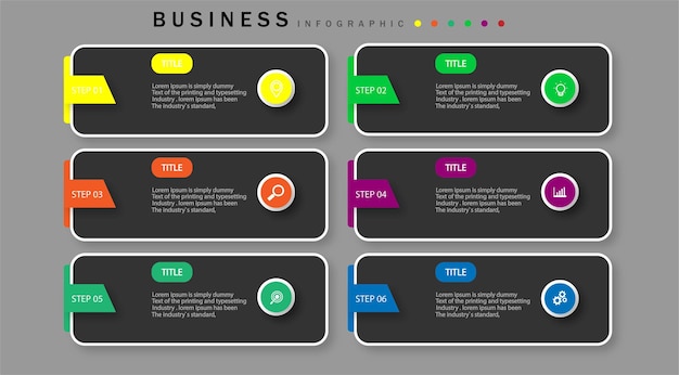 Plantilla de diseño infográfico con 6 pasos.