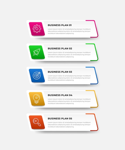 Plantilla de diseño infográfico empresarial con iconos y 5 opciones o pasos para la presentación del flujo de trabajo