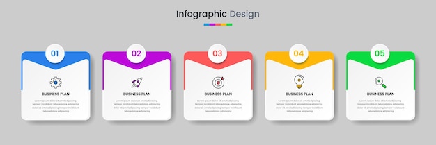 Plantilla de diseño infográfico empresarial con iconos y 5 opciones o pasos para la presentación del flujo de trabajo