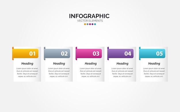 Plantilla de diseño infográfico horizontal empresarial con iconos y 5 cinco opciones o pasos