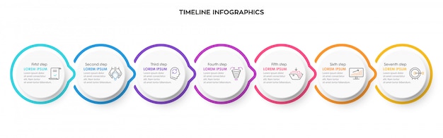 Plantilla de diseño infográfico con icnos y 7 opciones o pasos.