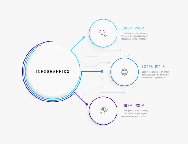 Plantilla de diseño infográfico con iconos y 3 opciones o pasos.