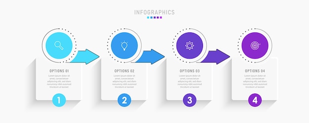 Plantilla de diseño infográfico con iconos y 4 opciones o pasos.