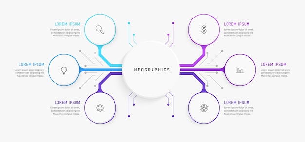 Plantilla de diseño infográfico con iconos y 6 opciones o pasos.