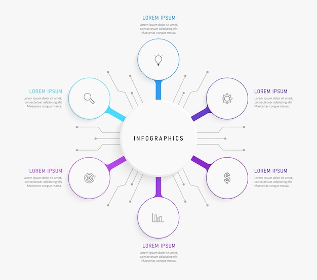 Plantilla de diseño infográfico con iconos y 6 opciones o pasos.