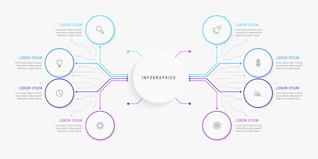 Plantilla de diseño infográfico con iconos y 8 opciones o pasos.