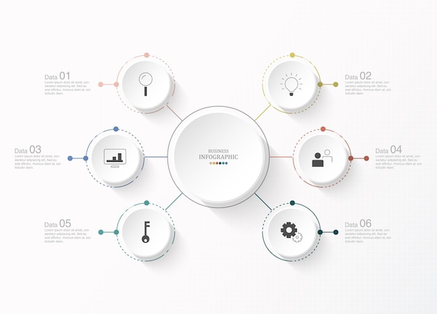 Plantilla de diseño infográfico con iconos de líneas finas y 6 opciones, procesos o pasos.