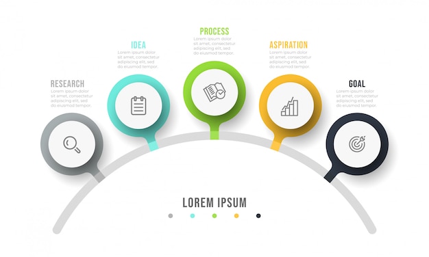 Plantilla de diseño infográfico con iconos de marketing. Diagrama del proceso. Concepto de negocio con 5 opciones o pasos.