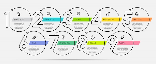 Plantilla de diseño infográfico mínimo de línea delgada con iconos y 9 opciones o pasos.