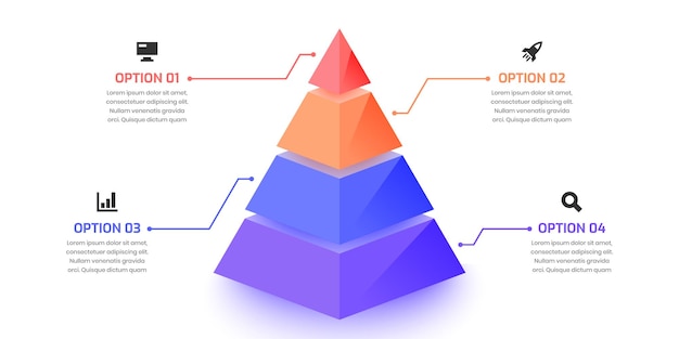 Plantilla de diseño infográfico de presentación empresarial piramidal con cuatro iconos de opciones