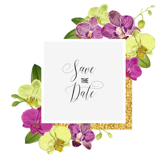 Plantilla de diseño de invitación de boda con flor de la orquídea