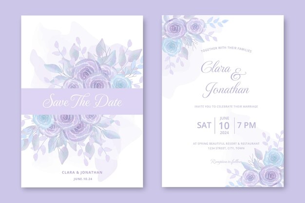 plantilla de diseño de invitaciones de boda con hermosas ilustraciones de acuarela floral