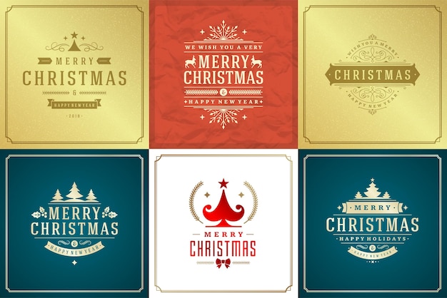 Plantilla de diseño de juegos de tarjetas de felicitación de Navidad con etiquetas de decoración ilustración vectorial