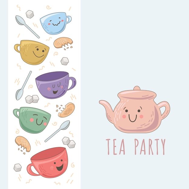 Vector plantilla de diseño con linda tetera, tazas, terrones de azúcar y galletas