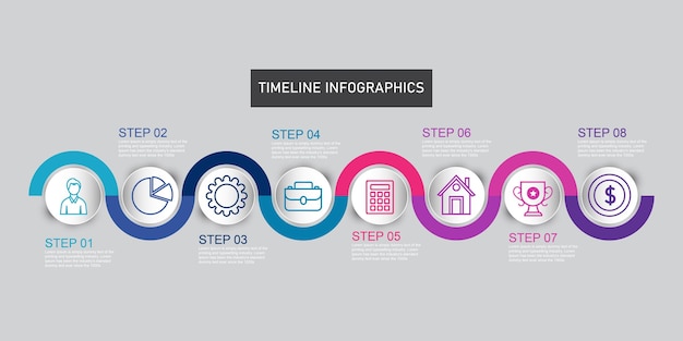 Vector plantilla de diseño de línea de tiempo infográfica con iconos diagrama de proceso con 8 opciones o pasos