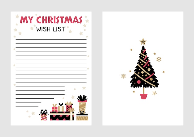 Plantilla de diseño de lista de deseos de Navidad. Ilustración vectorial. Decoración dibujada a mano de fondo de vacaciones. Diseño imprimible