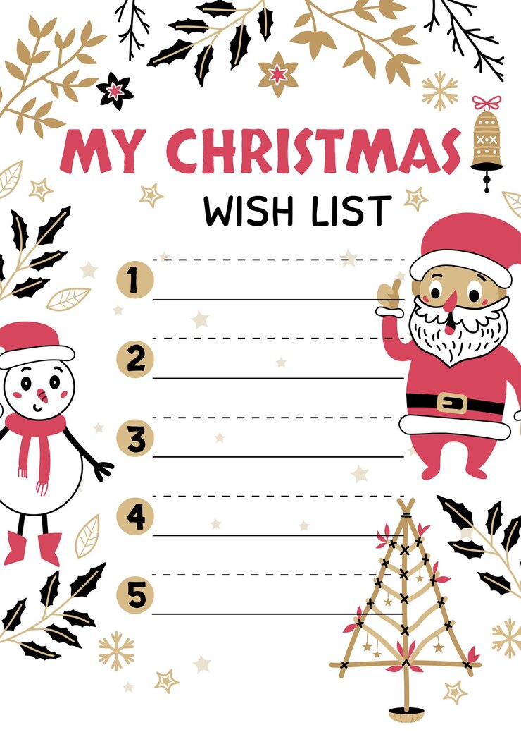 Vector plantilla de diseño de lista de deseos de navidad. ilustración vectorial. decoración dibujada a mano de fondo de vacaciones. diseño imprimible