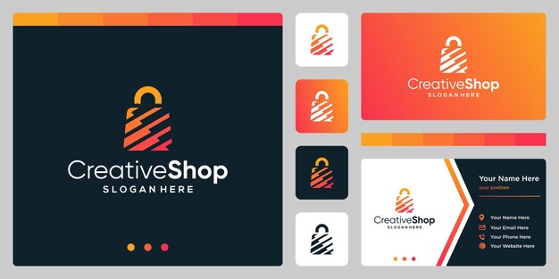 Plantilla de diseño de logotipo abstracto de bolsa de compras y plantilla de diseño de tarjeta de visita. Vector premium