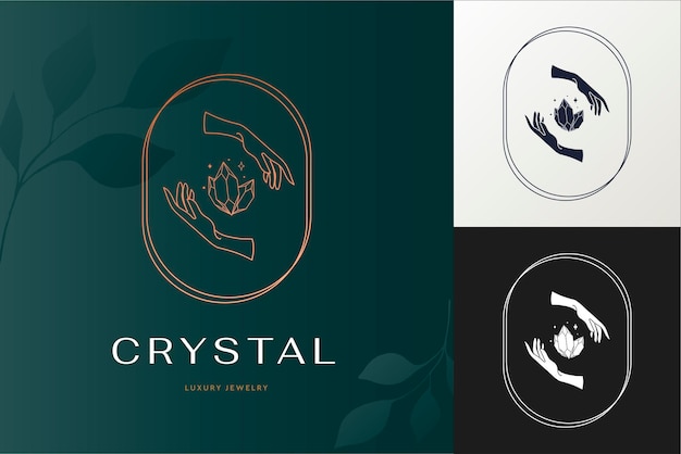 Plantilla de diseño de logotipo abstracto vectorial en manos de estilo minimalista lineal de moda y símbolo abstracto de cristal para cosméticos y embalajes de joyería hechos a mano o productos de belleza