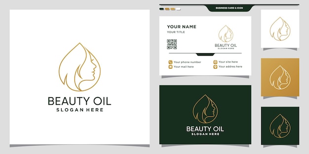 Plantilla de diseño de logotipo de aceite de belleza con rostro de mujer y aceite de oliva y diseño de tarjeta de visita