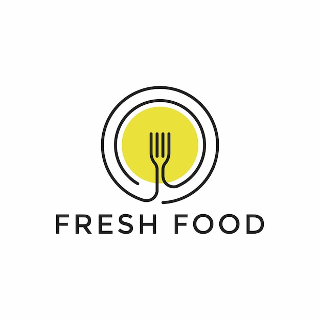 Plantilla de diseño de logotipo de alimentos frescos Mano de color vectorial como fondo de ilustración Símbolo de icono de tenedor gráfico para café restaurante negocio de cocina Insignia de emblema de etiqueta de catering lineal moderno en círculo