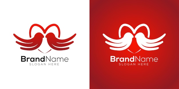 Plantilla de diseño de logotipo de amor de dos pájaros sobre fondo rojo blanco