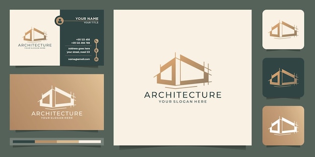 Plantilla de diseño de logotipo arquitectónico con estilo de línea de boceto y marca de logotipo de arquitecto de tarjeta de visita