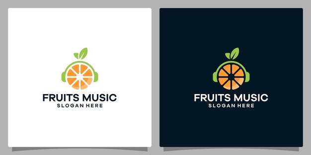 Plantilla de diseño de logotipo Auriculares con logotipo de música con logotipo de frutas naranjas Vector premium