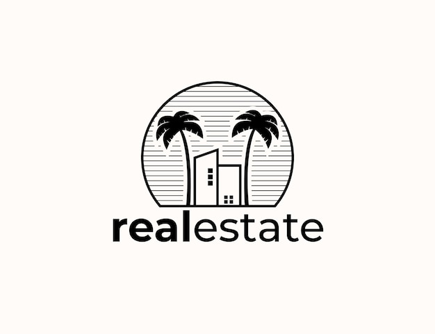 Plantilla de diseño de logotipo de bienes raíces de edificio y palmera