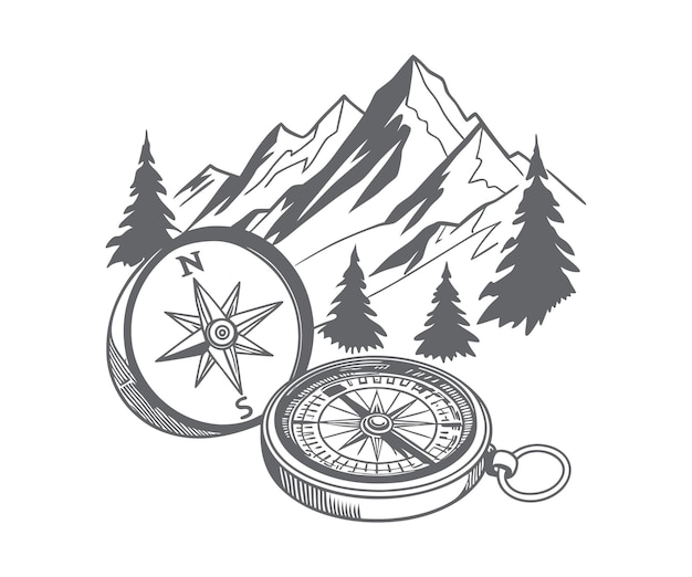 plantilla de diseño de logotipo de brújula de montaña logotipo de silueta de brújula logotipo de aventura