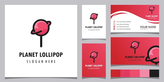 Plantilla de diseño de logotipo de caramelo lollipop con diseño de planeta y tarjeta de visita