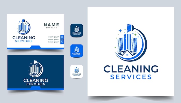Plantilla de diseño de logotipo de casa y edificio de servicio de limpieza con diseño de tarjeta de visita