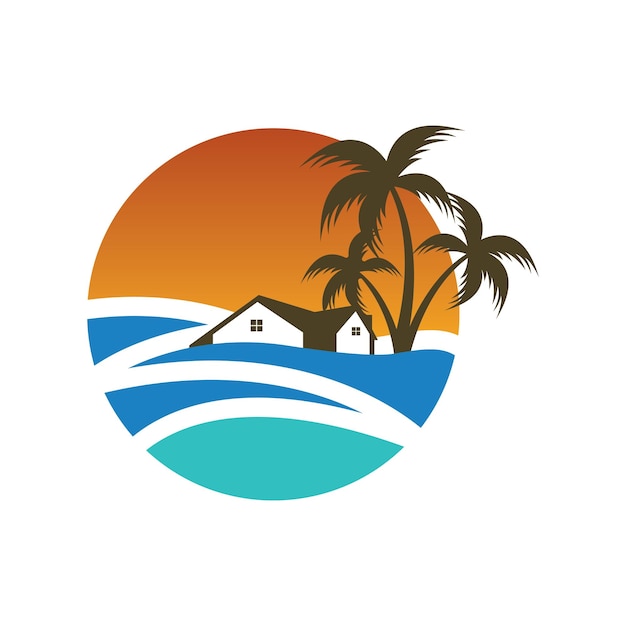 Plantilla de diseño de logotipo de casa de playa al atardecer de icono minimalista