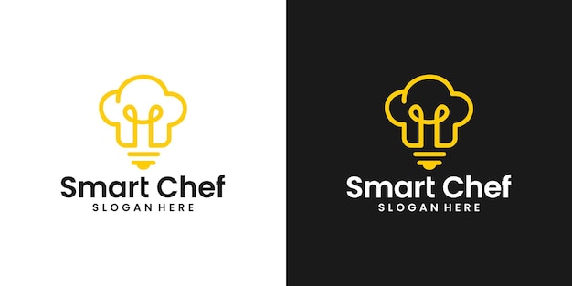 plantilla de diseño de logotipo de chef inteligente logotipo de sombrero de chef con bombilla con diseño de estilo de línea vector gráfico
