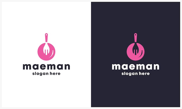 Vector plantilla de diseño de logotipo de comida con concepto de cuchara y plato logotipo de comida con letra m inicial