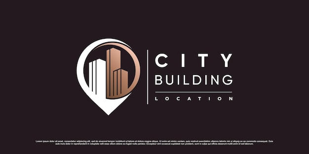 Plantilla de diseño de logotipo de edificio de ciudad con icono de ubicación de punto pin y concepto creativo