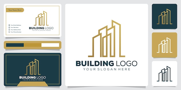 Plantilla de diseño de logotipo de edificio dorado combinación de arte lineal y tarjeta de visita