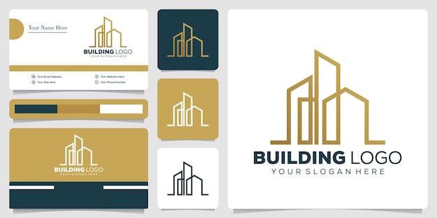 plantilla de diseño de logotipo de edificio dorado combinación de arte lineal y tarjeta de visita