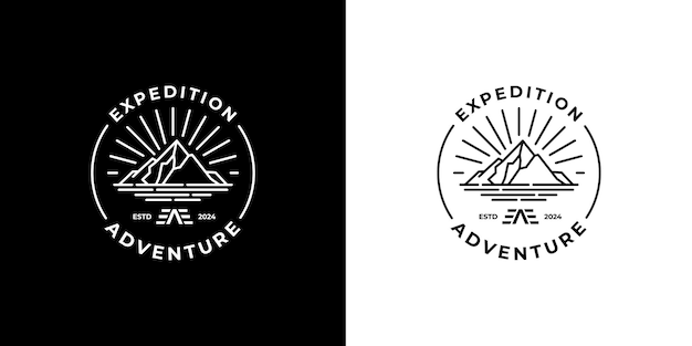 plantilla de diseño de logotipo de emblema de montaña arte de línea minimalista aventura vector de logotipo del sol y el mar