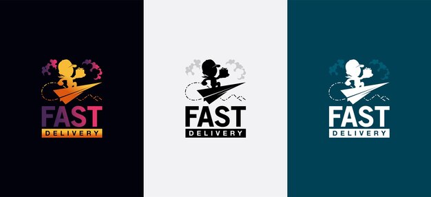 plantilla de diseño de logotipo de entrega rápida vector mensajero de dibujos animados que transporta mercancías en un avión de papel
