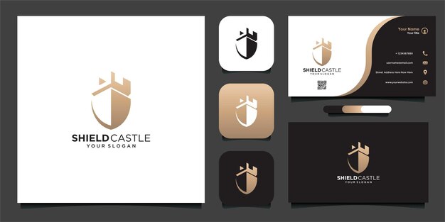 Plantilla de diseño de logotipo de escudo de castillo y tarjeta de visita Vector Premium